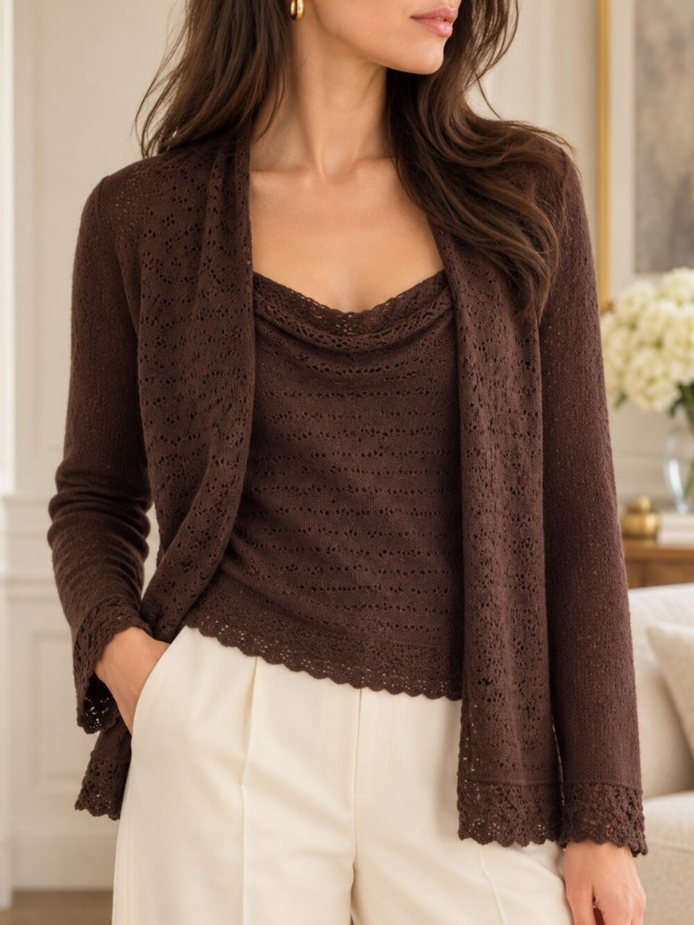 Carolina Herrera Cashmere Silk Crochet Cardigan Tank Jacket Set